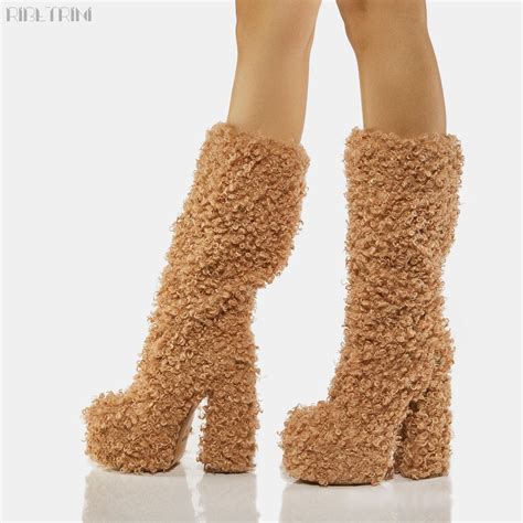 Ribetrini Platform Furry Faux Fur Women Knee High Boots Winter Slip On Brand Design High Heels