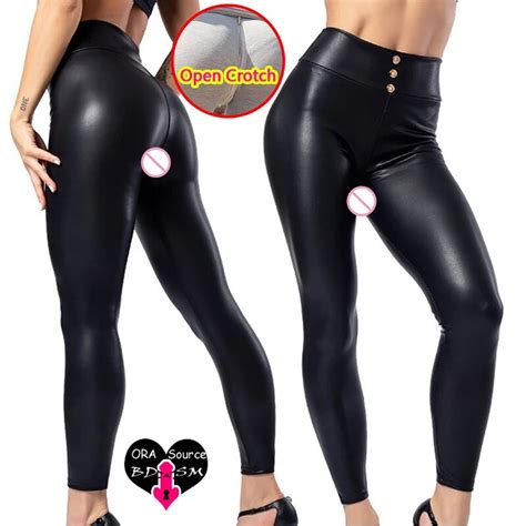 Woman Open Crotch Sexy Leggings Hidden Zippers Crotchless Leather Pants High Rise Buttons Tight