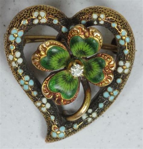 Victorian 14k Gold Enamel 4 Leaf Clover Wdiamond Pin Vintage Jewels
