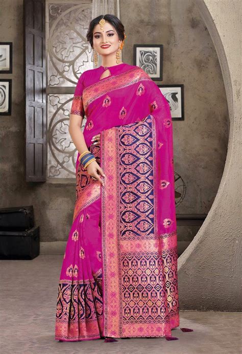 Rani Pink Weaved Art Silk Saree And Unstitched Blouse Art Silk Sarees Traditional Sarees Silk