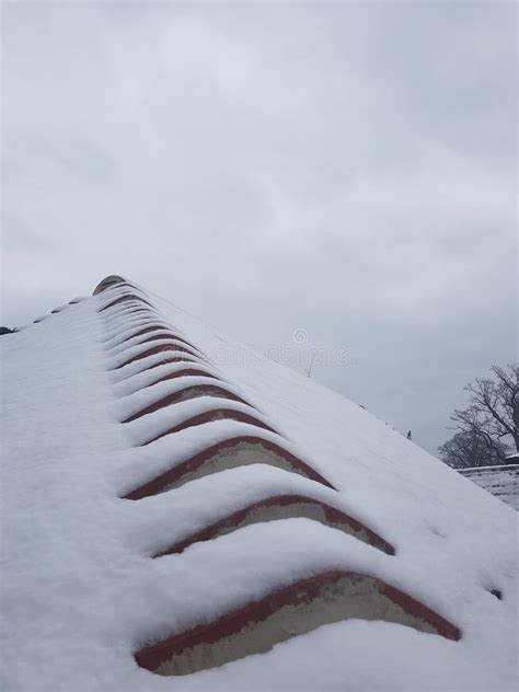 Snow Covered Corner Roof Clay Tiles Stock Photo Image Of Fresh