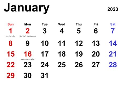 Free Printable January 2023 Calendar With Holidays Templates
