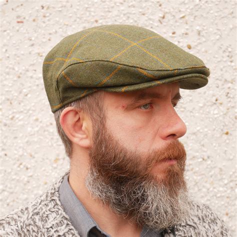 Traditional Irish Tweed Flat Cap Green With Yellow Check 100 Wool