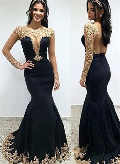 Gold Appliqued Long Sleeves Black Mermaid Prom Dress Lunss