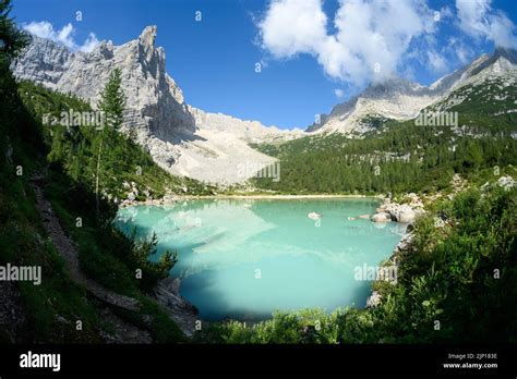 Stunning View Of Lake Sorapis With Its Turquoise Waters Surrounded By
