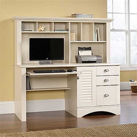 Constructed with a beautiful wood veneer supported with solid wood legs, this desk is both stylish and sturdy. SAUDER Harbor View Antiqued White Desk with Hutch-158034 ...