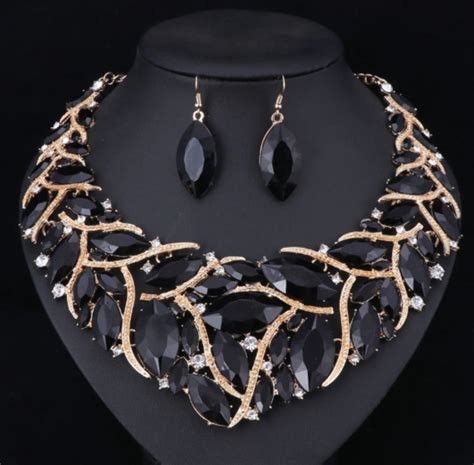 Bj Black Rhinestones Bridal Jewelry Sets Necklace Earrings Silver