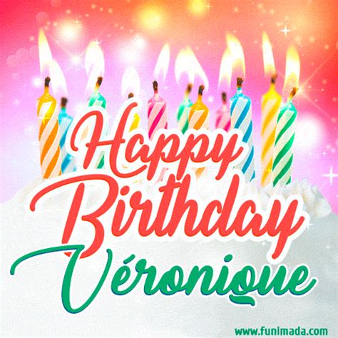 Happy Birthday  For Véronique With Birthday Cake And Lit Candles