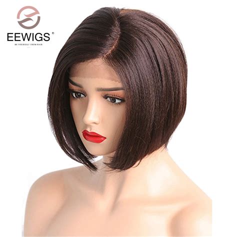 Eewigs Synthetic Lace Front Wig Yaki Straight Short Bob Wigs L Part