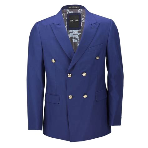 Mens Classic Fitted Double Breasted Navy Blue Blazer Gold