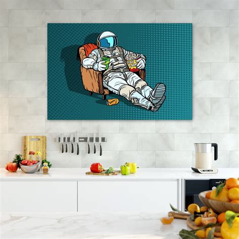 Astronaut Beer Popcorn On Canvas Wall Art Wrap Frame Cartoon Etsy Uk