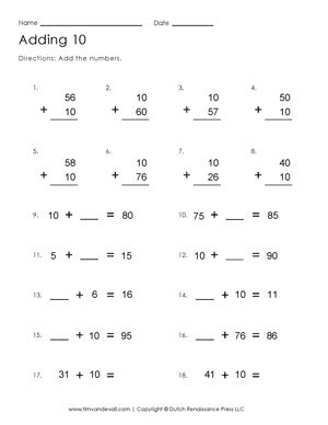 You must register with 10ticks to access the full size sample materials. Adding 10 Worksheet | Free Printable First Grade Math Worksheets