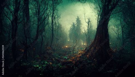 Dark Scary Forest Cursed By Witch Spell Spectacular 3d Illustration For
