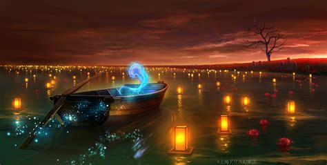 Download Lantern Night Lake Boat Anime Hd Wallpaper