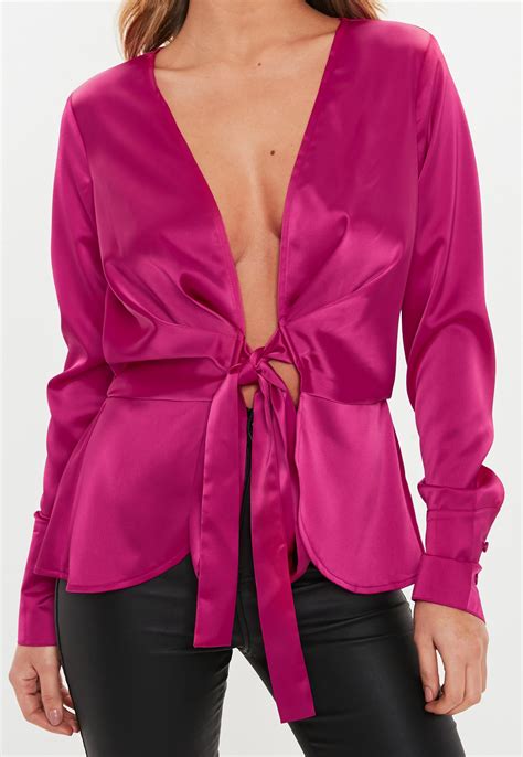 Hot Pink Cuff Sleeve Tie Front Blouse | Missguided Ireland