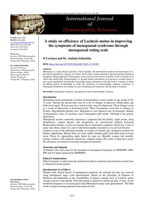 Pdf A Study On Efficiency Of Lachesis Mutus In Improving The Symptoms Of Menopausal Syndrome