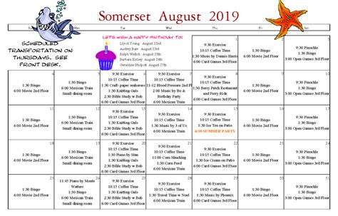 Senior Calendar August 2019 Somerset Retirement Home And Assisted