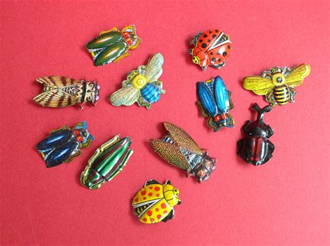 Vintage Set Of 11 Tinplate Toy Bug Pins Bugs