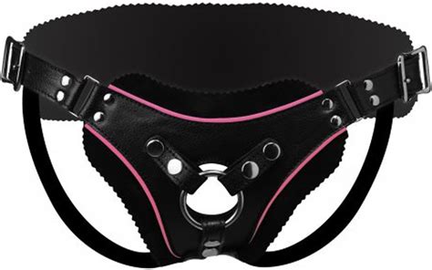 strict leather low rise leather strap on dildo harness with pink accents uk health