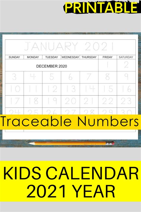 January 2021 Calendar Printable For Kids With Traceable Numbers Kids