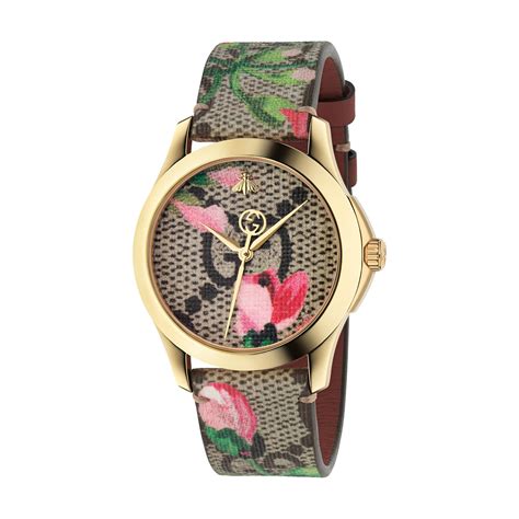 Gucci G Timeless Gold Plated Case Pink Blooms Leather Strap Ladies Watch