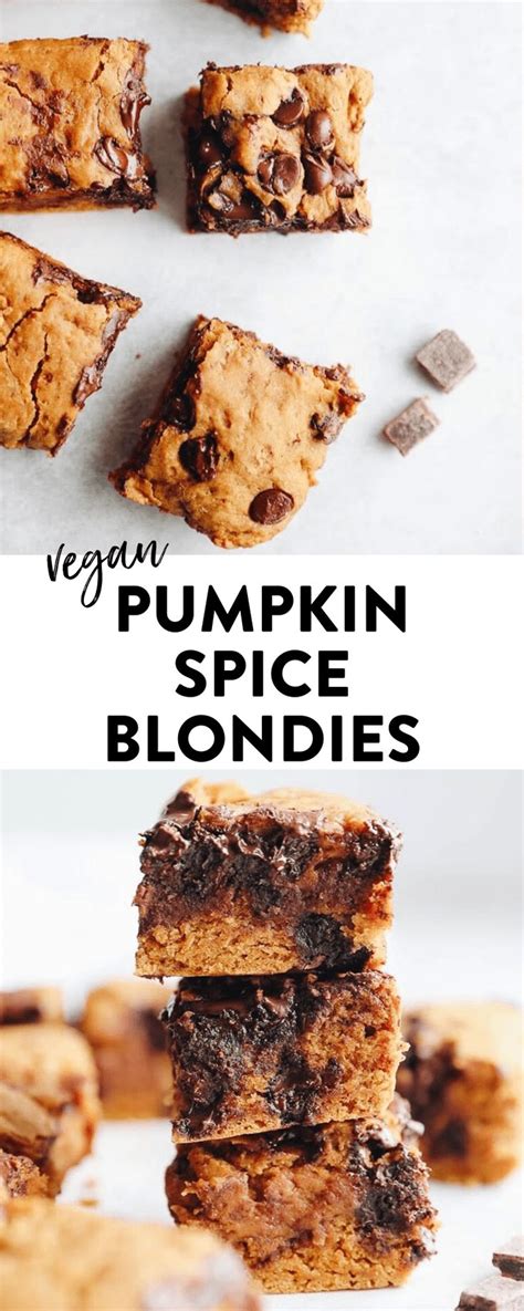 Vegan Pumpkin Spice Blondies Are Stacked On Top Of Each Other With