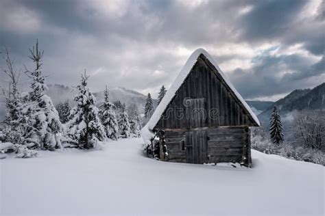 Wooden Abandoned Cabin In Winter Mountains Stock Image Image Of