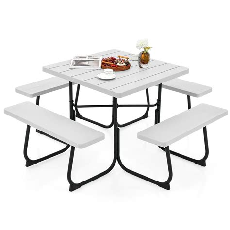 Honey Joy 67 In White Square Steel Outdoor Picnic Table Bench Set 8 Person With 4 Benches And