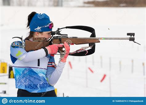sportswoman biathlete elena hairulina yugorsk rifle shooting standing position editorial stock