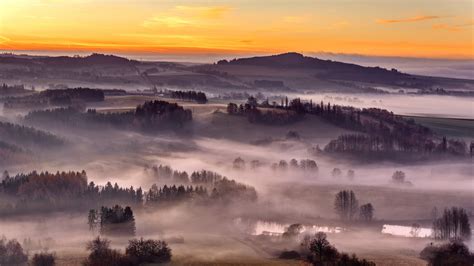 Fog Covered Landscape During Sunset Hd Nature Wallpapers