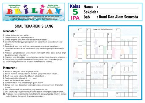 Soal Teka-Teki Silang ( TTS ) IPA Kelas 5 SD Bab Bumi Dan Alam Semesta Dan Kunci Jawaban