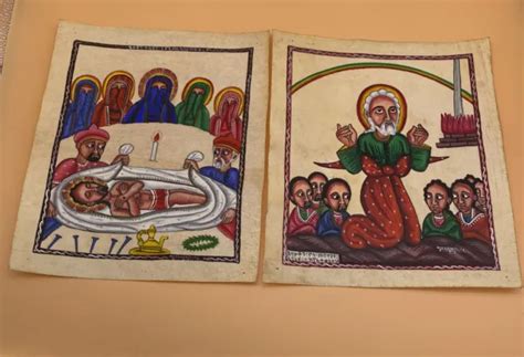 Antique Ethiopian Coptic Hand Painted On Hide Religious Art Lot 1 25