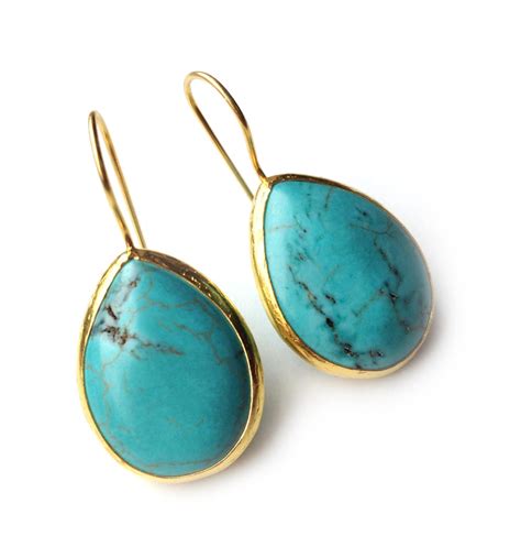Turquoise Drop Silver Earrings Coated In Karat Gold Etsy
