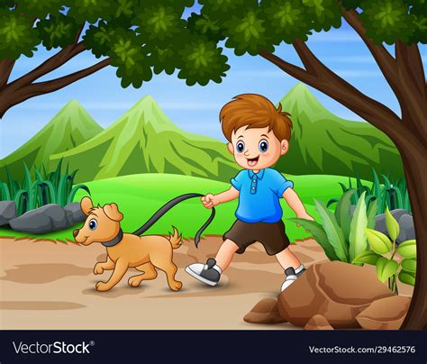 Funny Boy With His Pet Walking In Park Royalty Free Vector