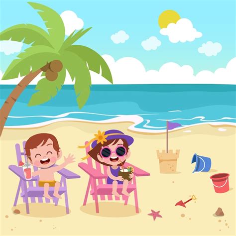 Niños Jugando En La Ilustración De La Playa Vector Premium