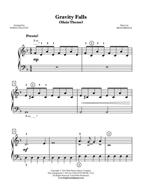Gravity Falls Main Theme Arr Maria Colletti Sheet Music Brad Breeck Easy Piano