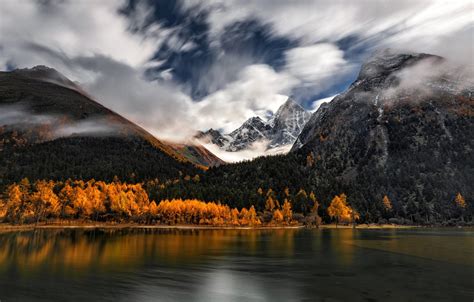 Wallpaper Autumn Forest The Sky Clouds Trees Mountains Fog Lake