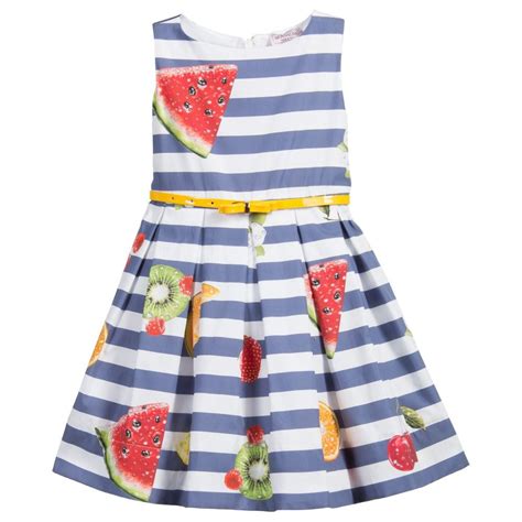 Monnalisa Blue Stripy Dress With Tropical Fruits Print At Childrensalon