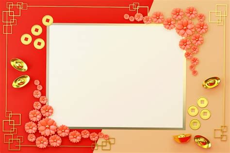 chinese new year s flat lay card border frame with chinese gold money and flower object
