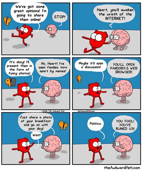 comics that illustrate the tricky relationship between your heart and brain an awkward yeti