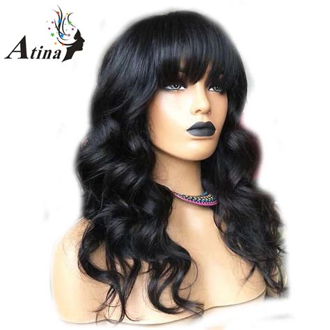 Wavy Lace Front Human Hair Wigs With Bangs For Women 150 Density Glueless Lace Wig Pre Plucked