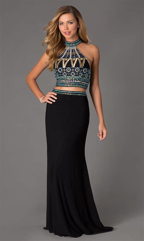 Two Piece Prom Dress Beaded Halter Gown For Prom