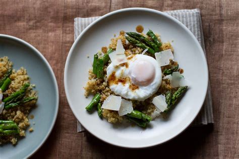 Poached Egg With Crunchy Quinoa And Brown Butter Asparagus Recipe