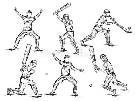 Hand Drawn Illustration Of Cricket Players In Playing Action For