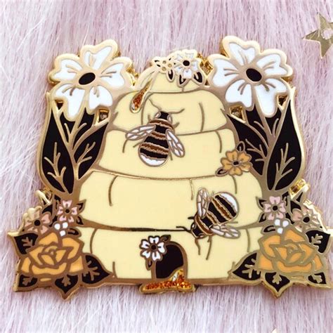 Honeycomb Hard Enamel Pin Floral Glitter Honey Bee Gold Etsy