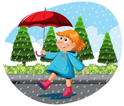 A Girl Wearing Raincoat Holding Umbrella In A Rain Stock Vector