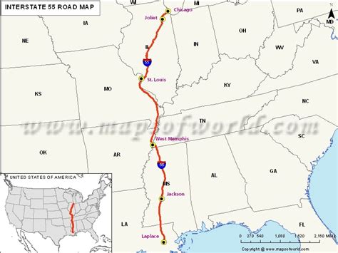 Us Interstate 55 I 55 Map Laplace Louisiana To Chicago Illinois