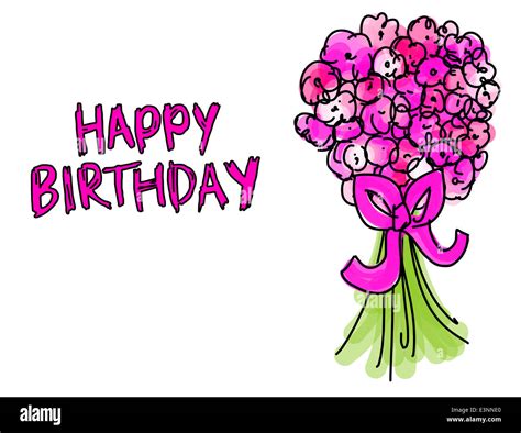 Ilustración De Un Ramo De Flores De Color Rosa Con Feliz Cumpleaños