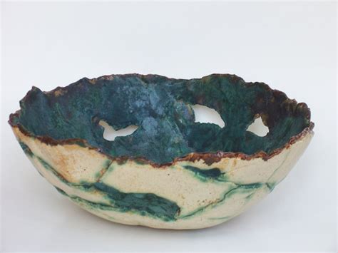 Abstract Ceramic Centerpiece Bowl Teal Green Contemporary Art