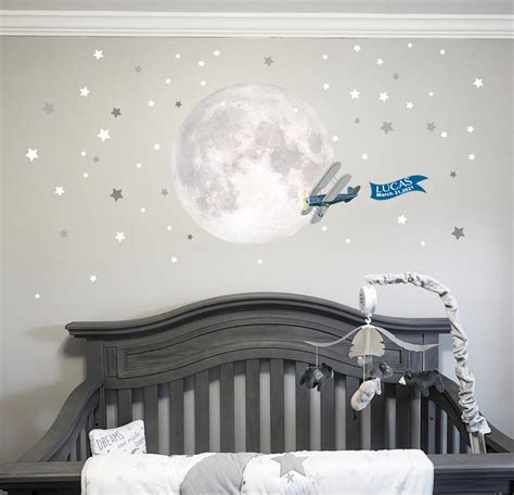Moon Stars And Plane Baby Nursery Mural